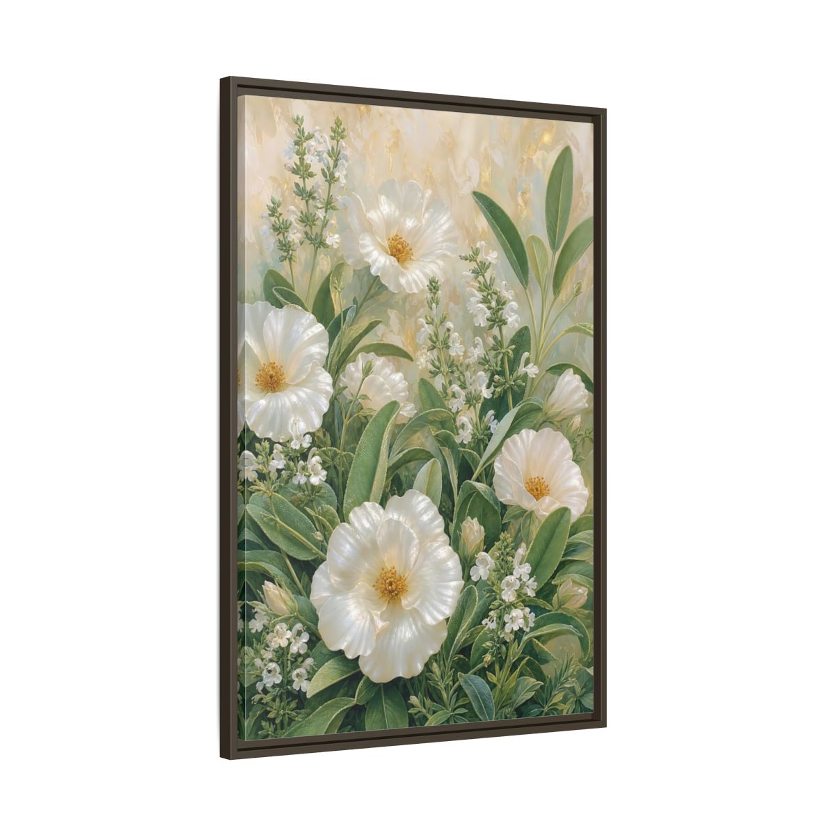 Main Mockup. Floral White Flowers White And Green shown as stretched canvas wall art