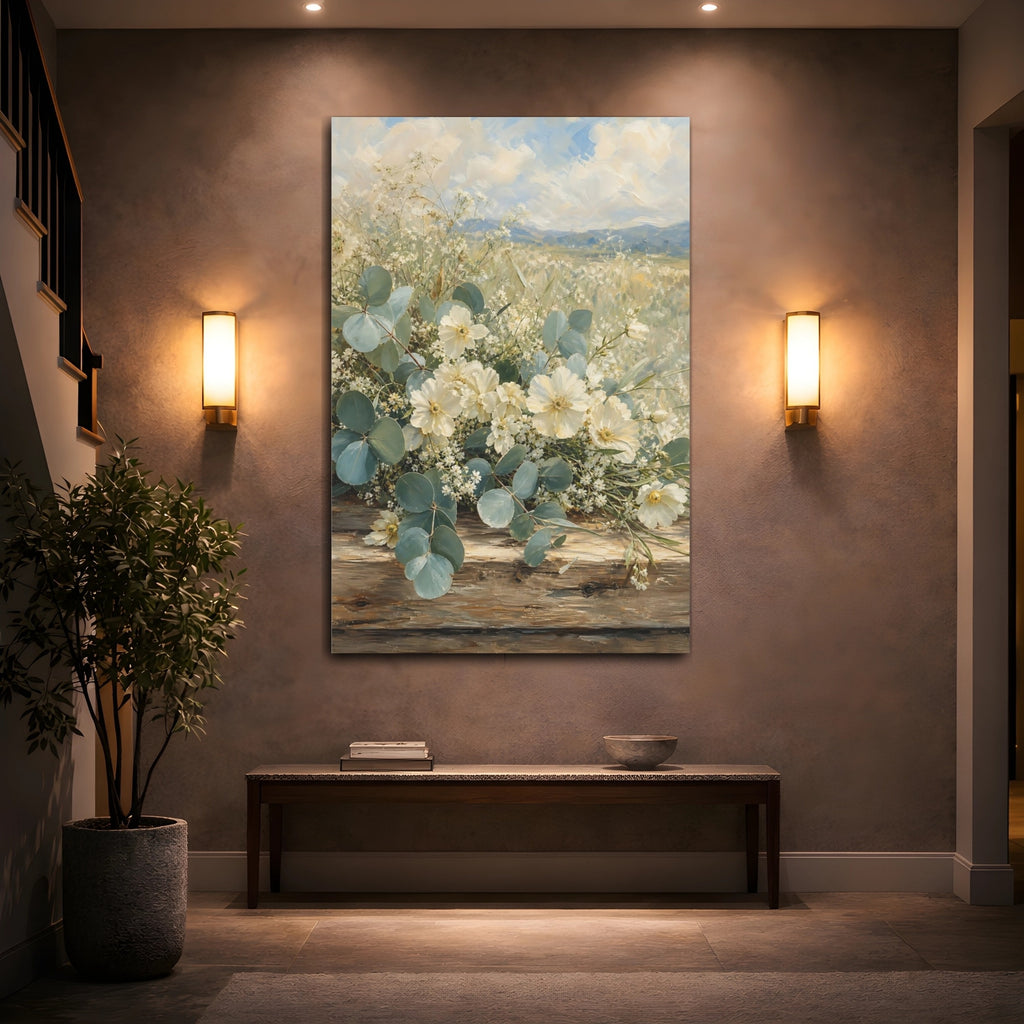 Mockup 2. Floral White Flowers White And Green shown as stretched canvas wall art
