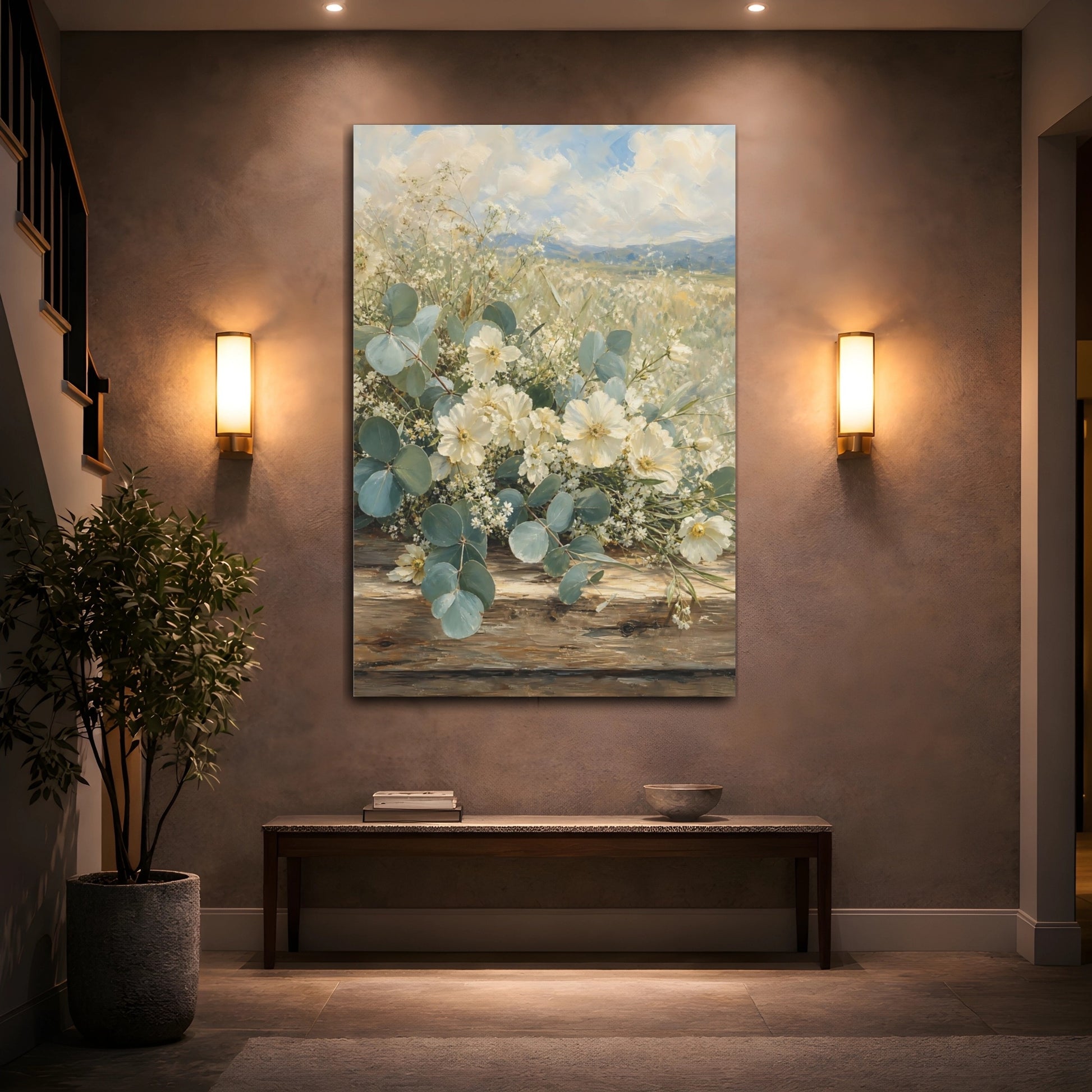 Mockup 2. Floral White Flowers White And Green shown as stretched canvas wall art