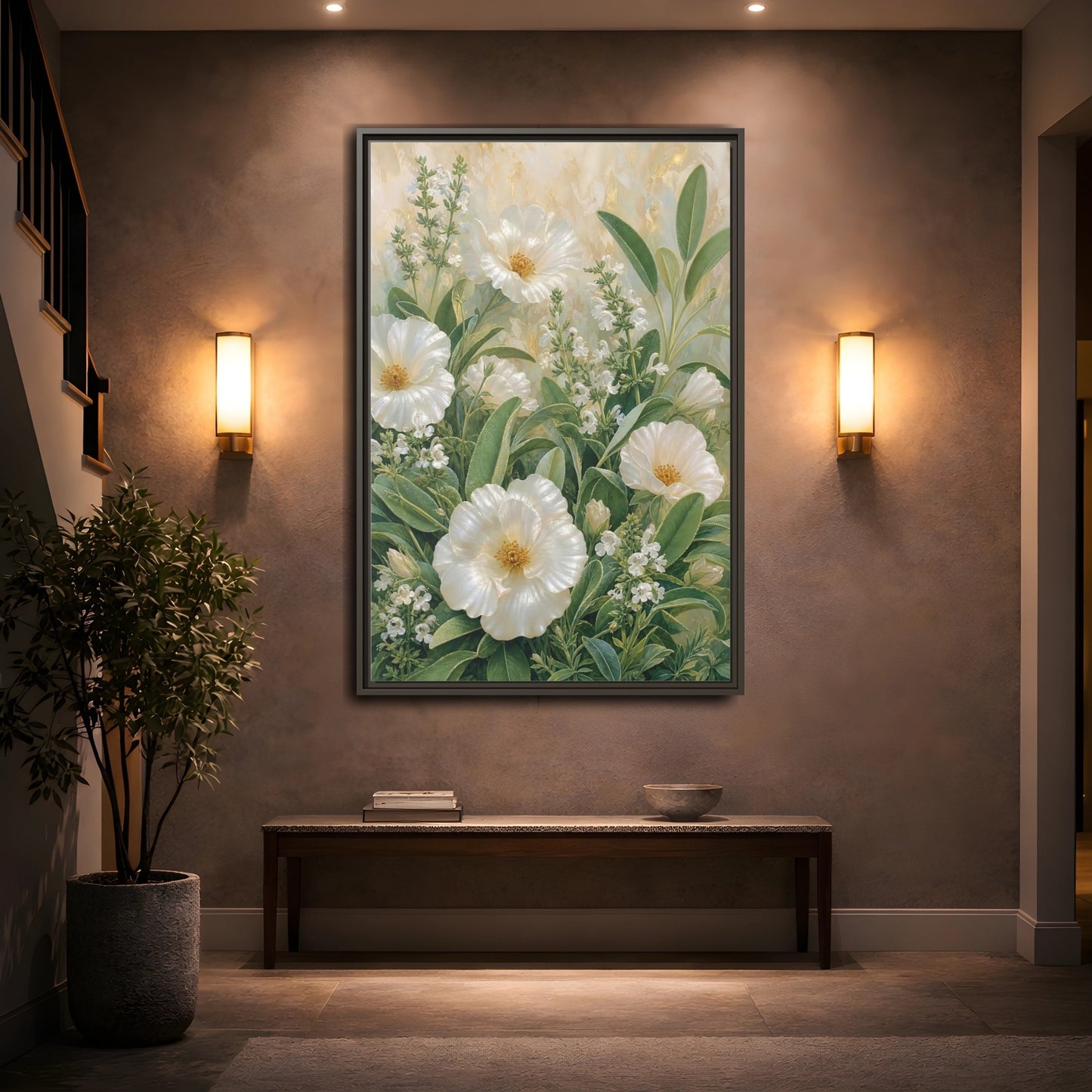 Mockup 2. Floral White Flowers White And Green shown as stretched canvas wall art