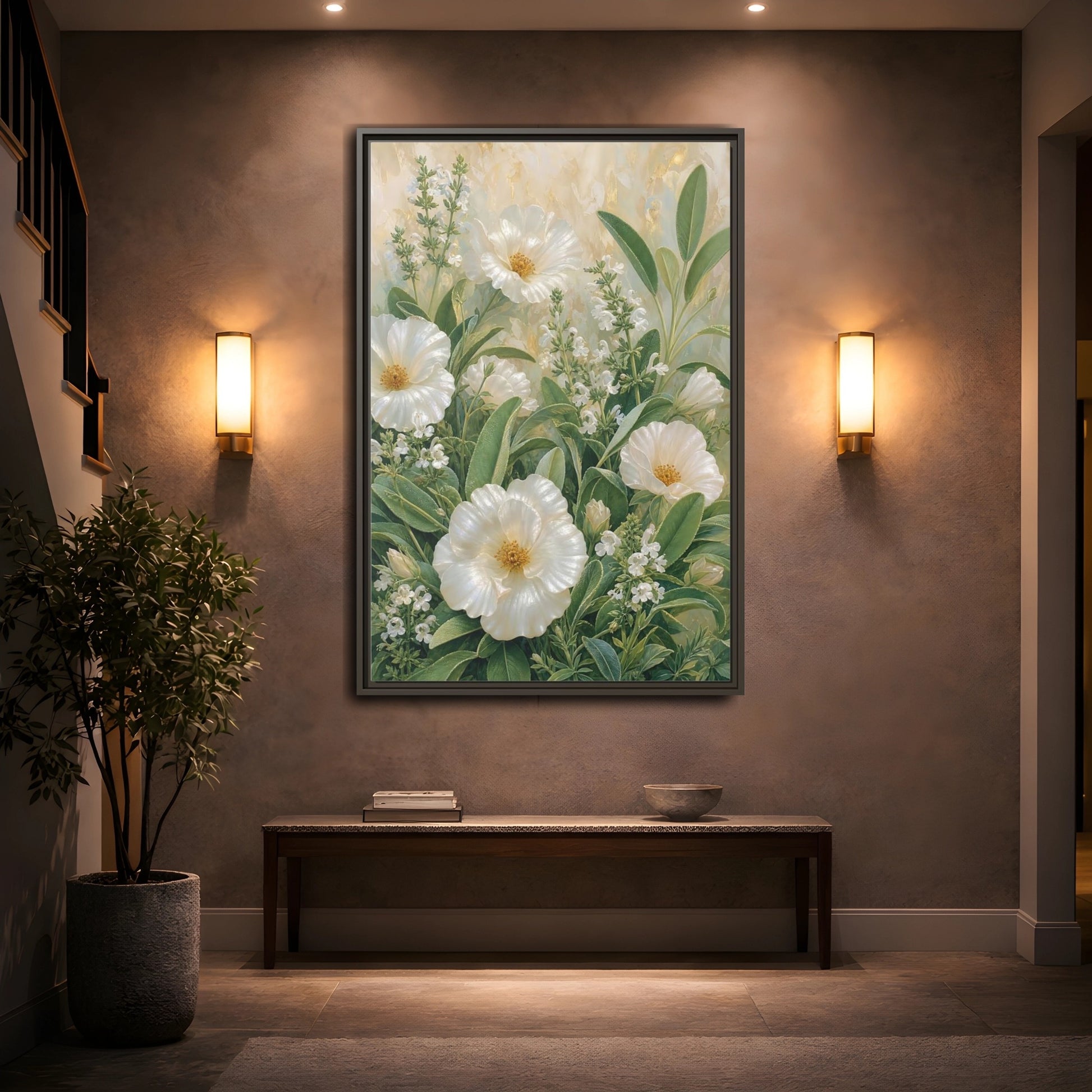 Mockup 2. Floral White Flowers White And Green shown as stretched canvas wall art