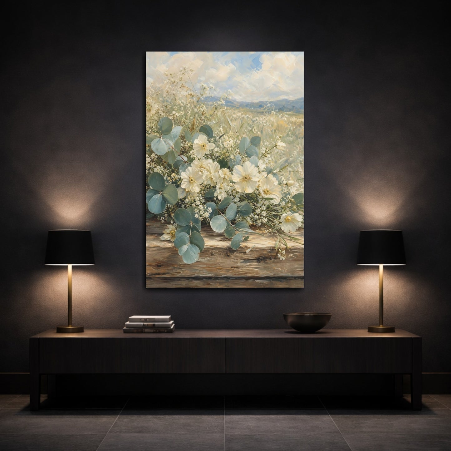Mockup 3. Floral White Flowers White And Green shown as stretched canvas wall art