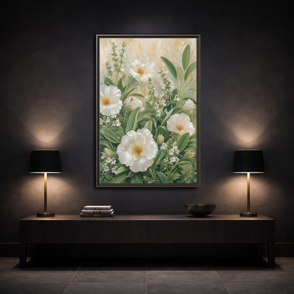 Mockup 3. Floral White Flowers White And Green shown as stretched canvas wall art
