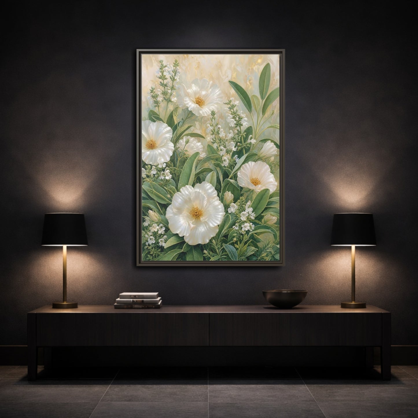Mockup 3. Floral White Flowers White And Green shown as stretched canvas wall art