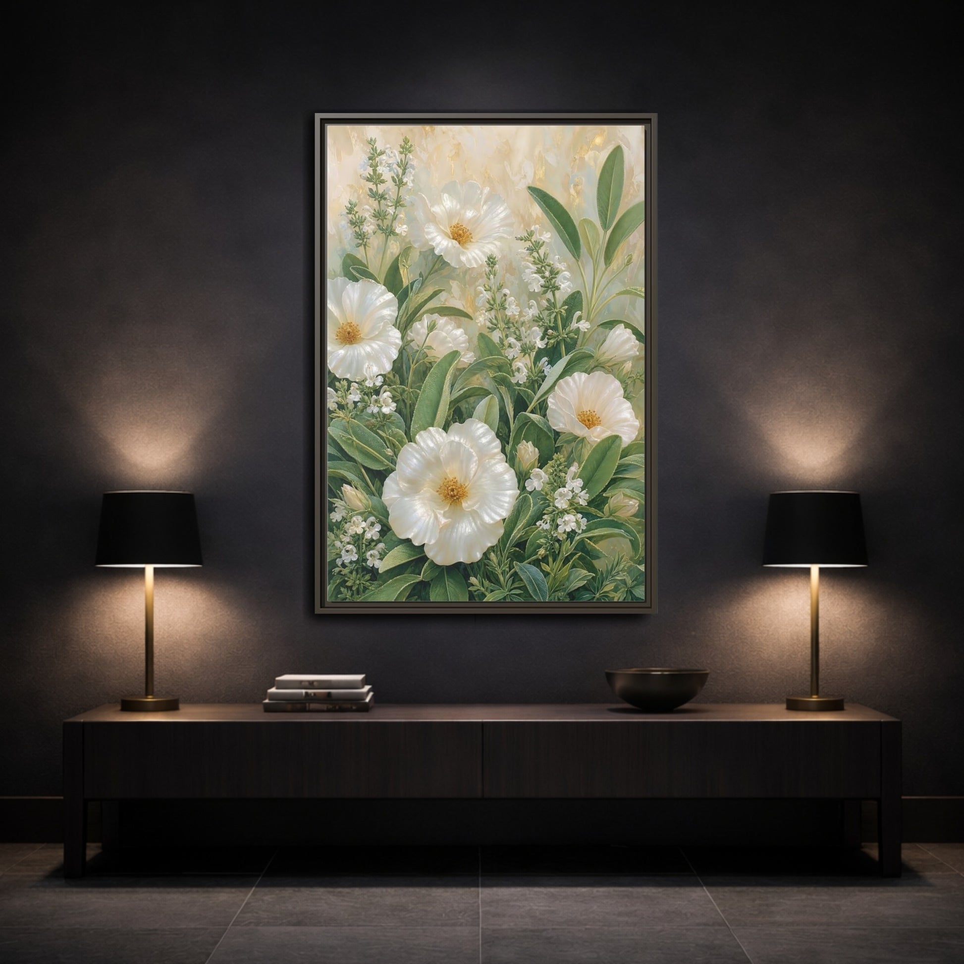Mockup 3. Floral White Flowers White And Green shown as stretched canvas wall art