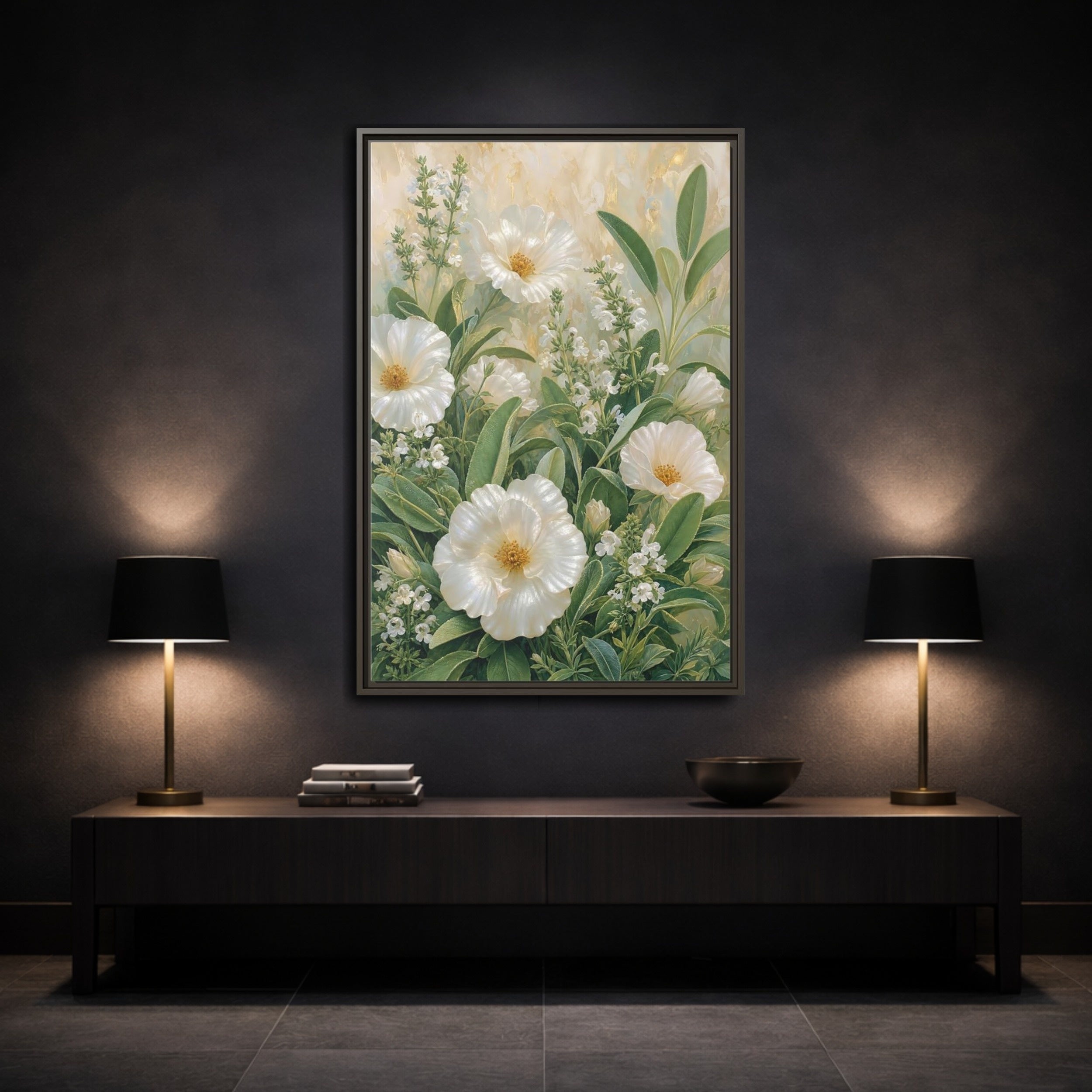 Mockup 3. Floral White Flowers White And Green shown as stretched canvas wall art