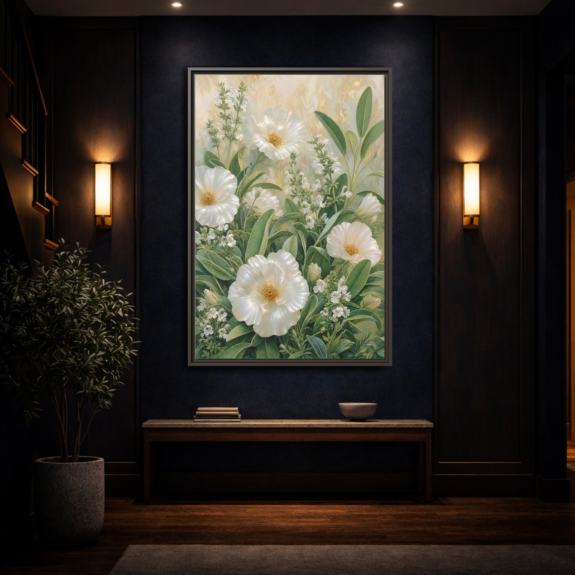 Mockup 4. Floral White Flowers White And Green shown as stretched canvas wall art