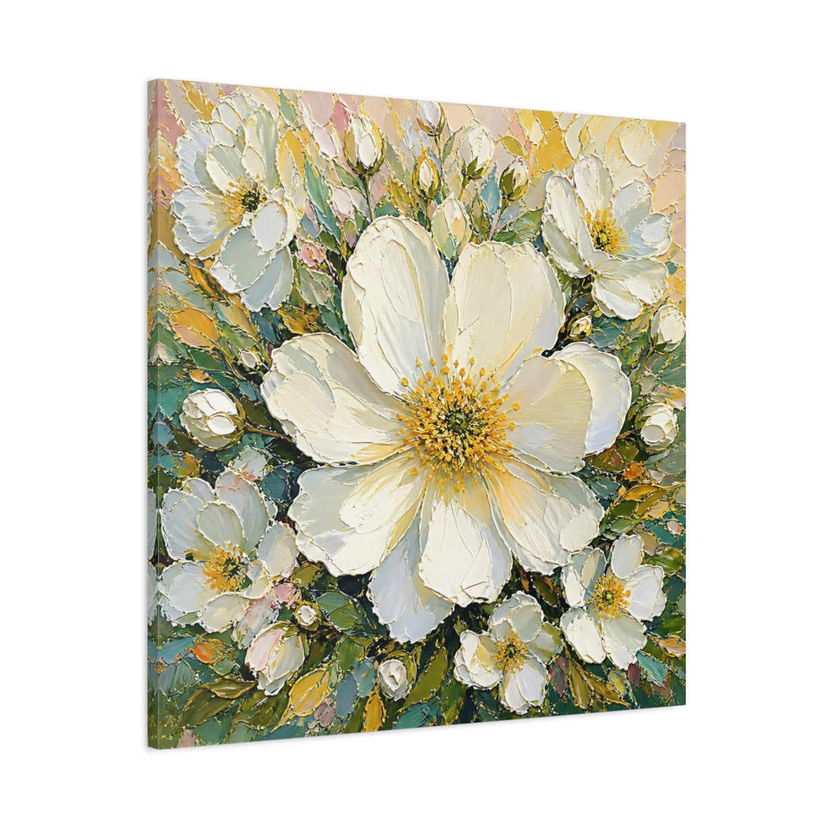 Main Mockup. Floral White Flowers White Floral shown as stretched canvas wall art