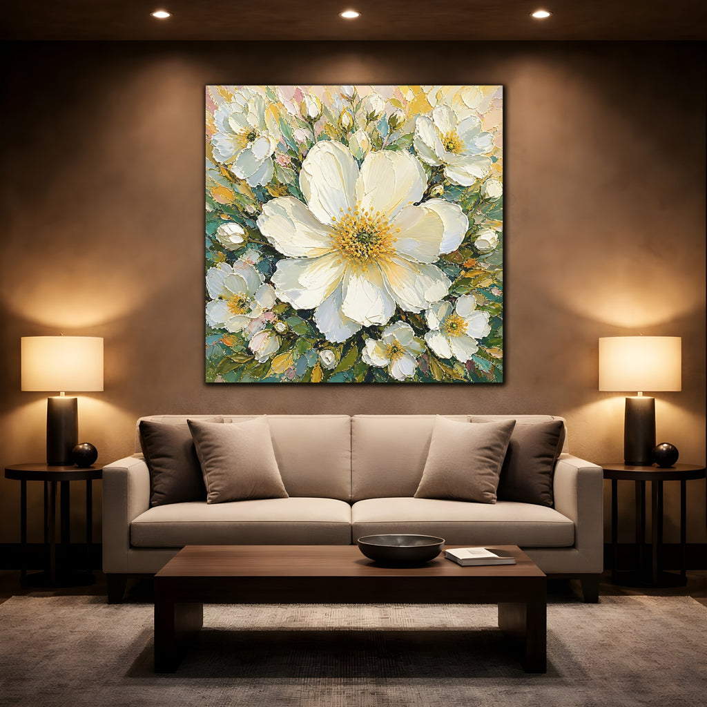 Mockup 2. Floral White Flowers White Floral shown as stretched canvas wall art