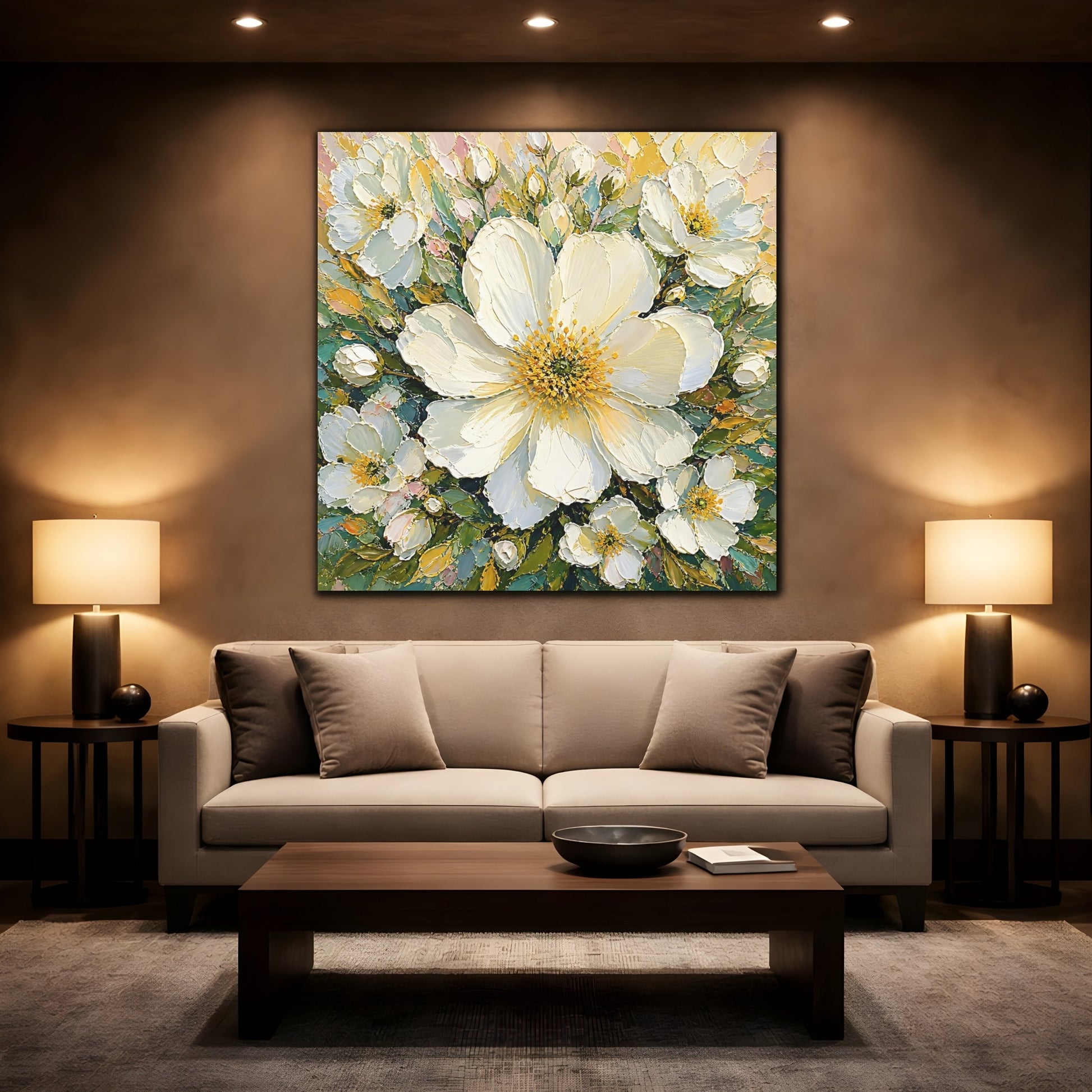 Mockup 2. Floral White Flowers White Floral shown as stretched canvas wall art