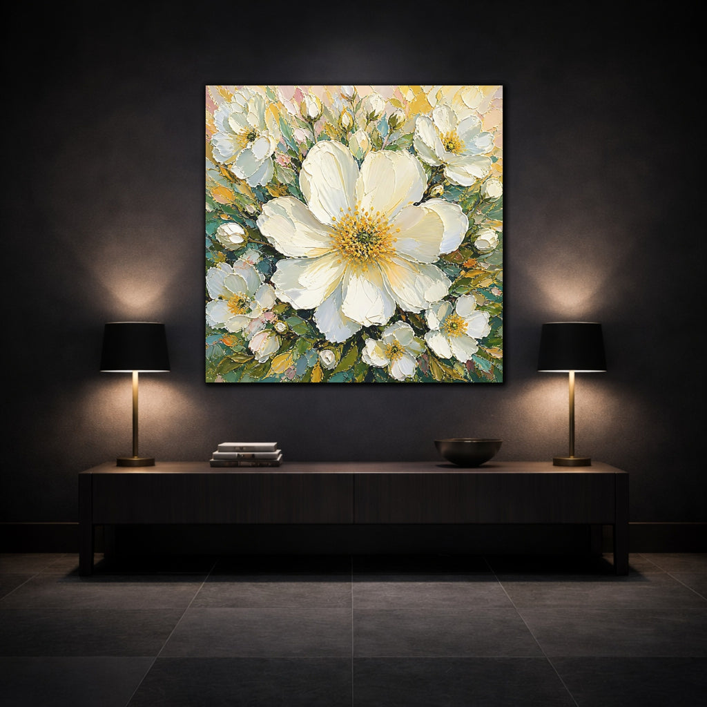 Mockup 3. Floral White Flowers White Floral shown as stretched canvas wall art