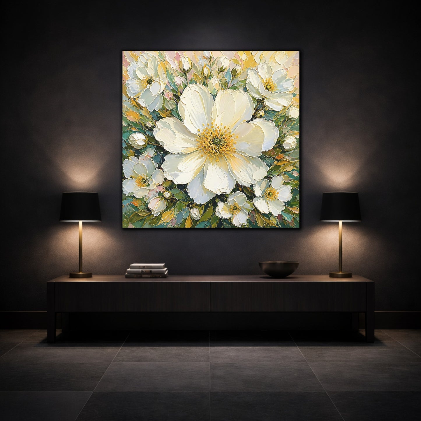 Mockup 3. Floral White Flowers White Floral shown as stretched canvas wall art