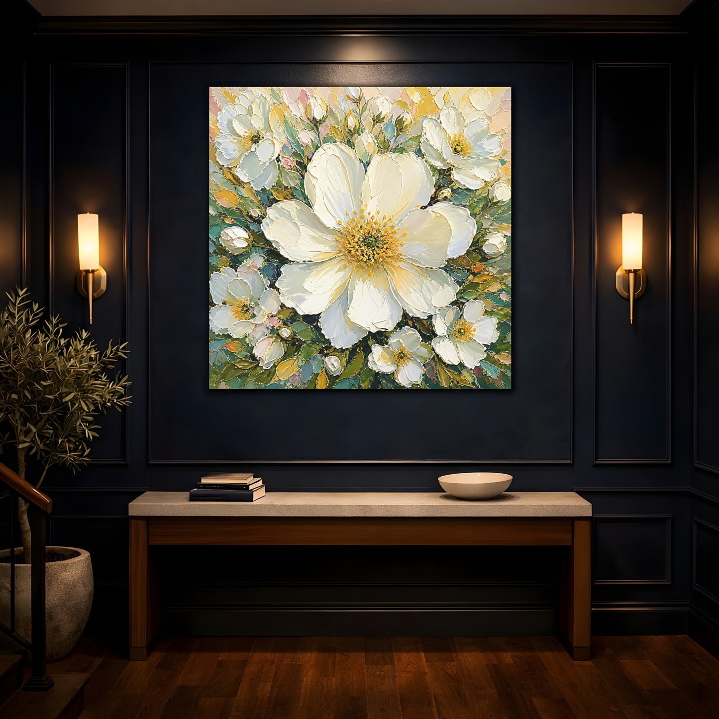 Mockup 4. Floral White Flowers White Floral shown as stretched canvas wall art