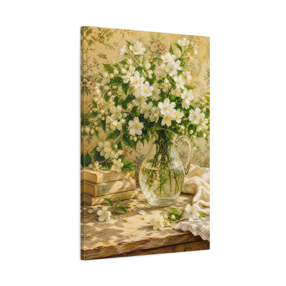 Main Mockup. Floral White Flowers White Floral Still Life shown as stretched canvas wall art