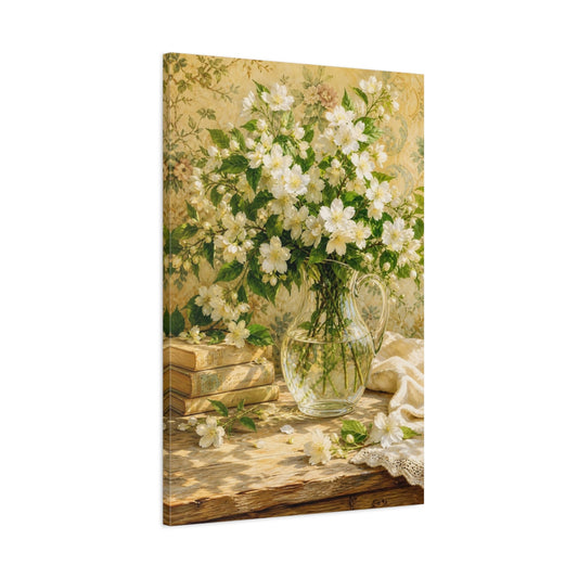 Main Mockup. Floral White Flowers White Floral Still Life shown as stretched canvas wall art