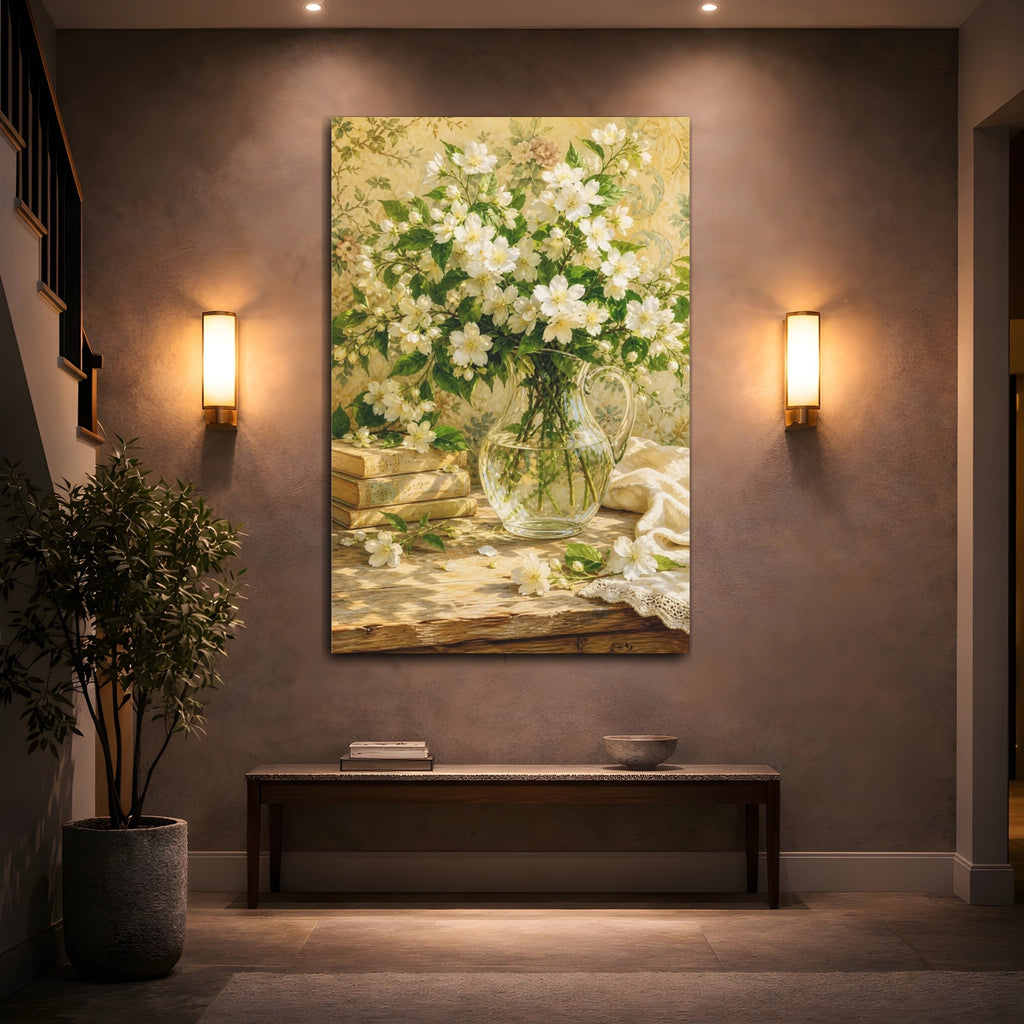 Mockup 2. Floral White Flowers White Floral Still Life shown as stretched canvas wall art