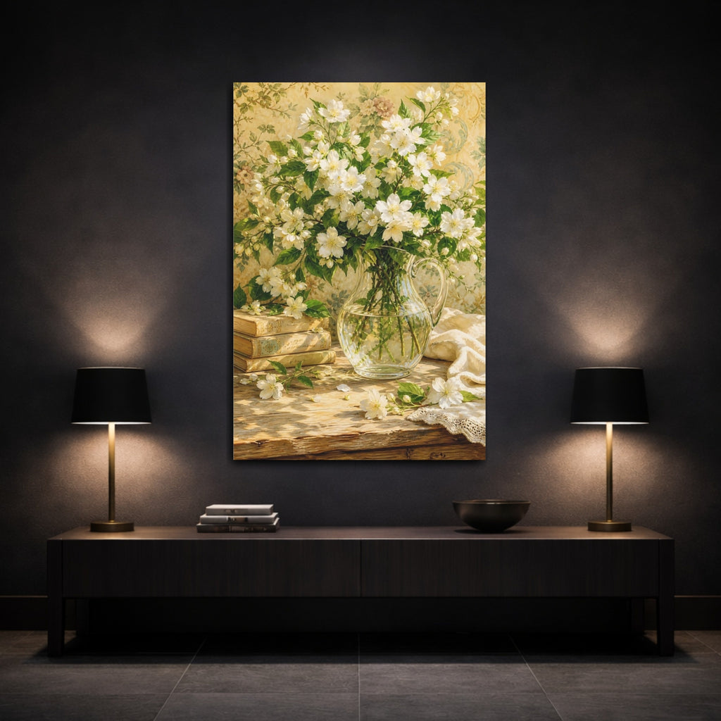 Mockup 3. Floral White Flowers White Floral Still Life shown as stretched canvas wall art
