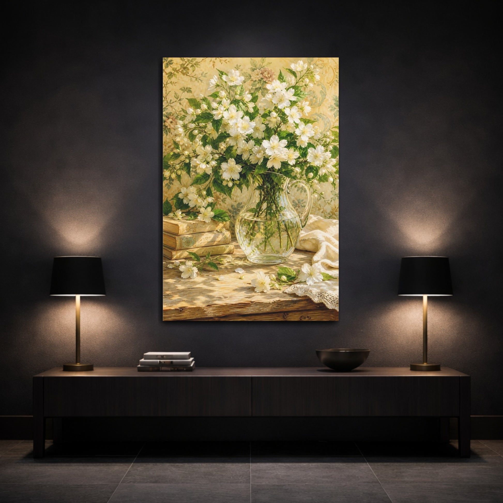 Mockup 3. Floral White Flowers White Floral Still Life shown as stretched canvas wall art