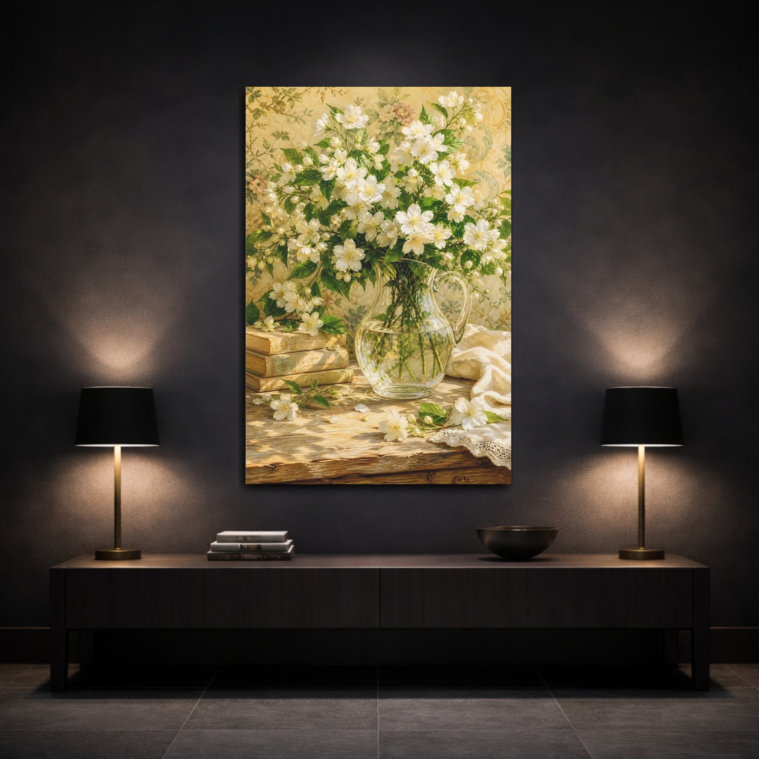 Mockup 3. Floral White Flowers White Floral Still Life shown as stretched canvas wall art