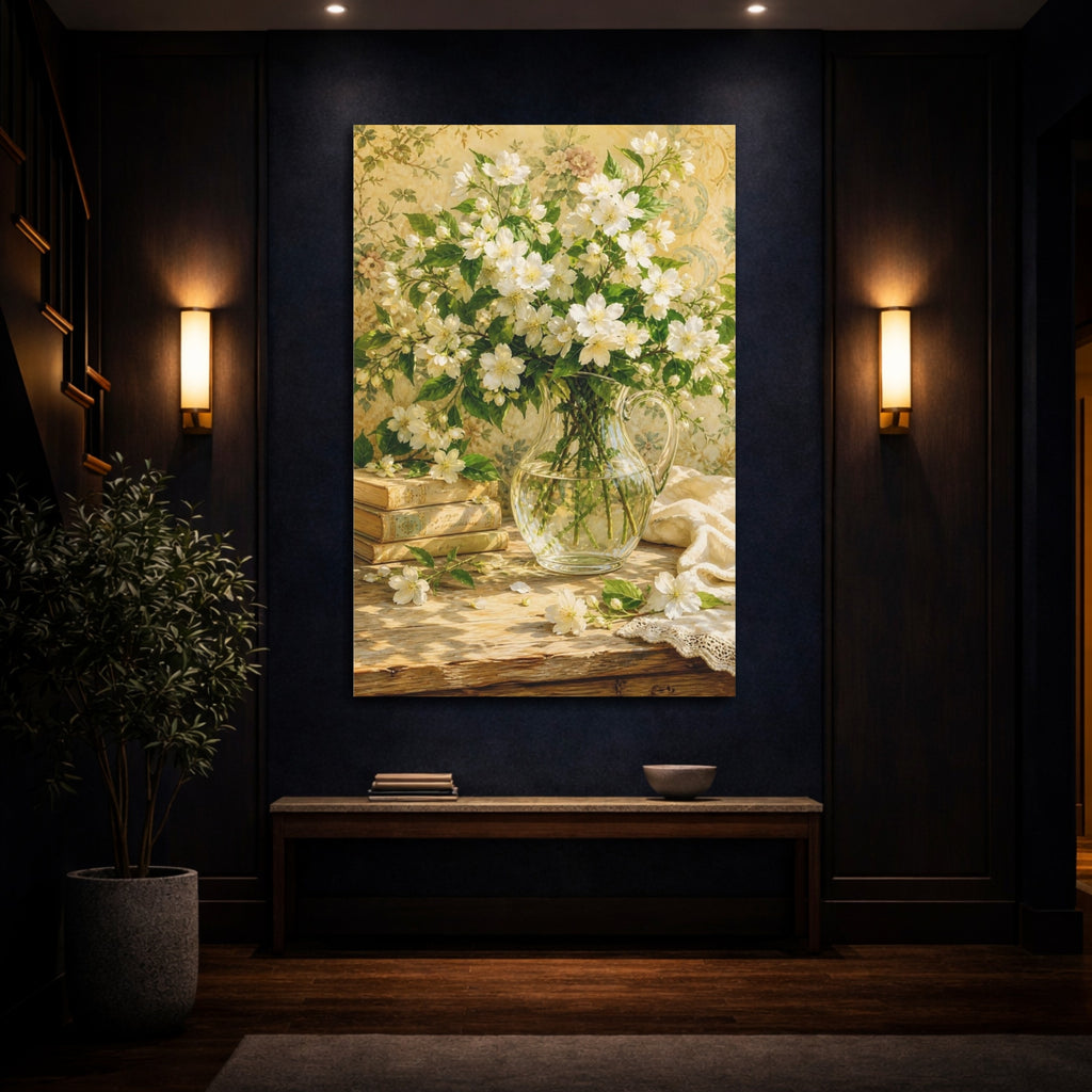 Mockup 4. Floral White Flowers White Floral Still Life shown as stretched canvas wall art