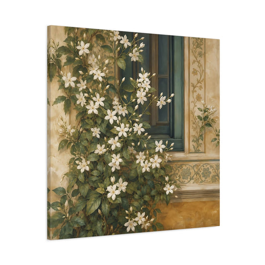 Main Mockup. Floral White Flowers White Floral Window shown as stretched canvas wall art