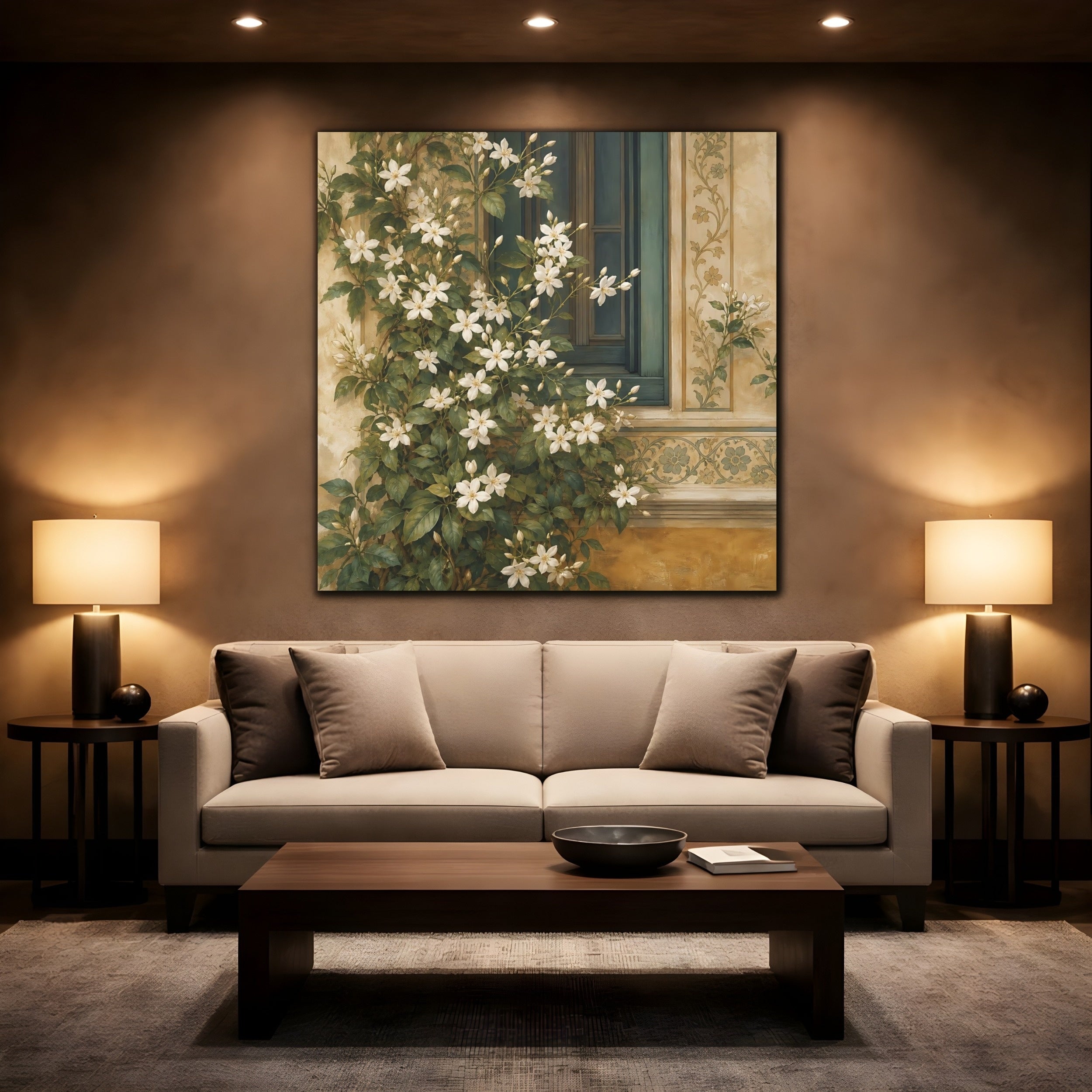 Mockup 2. Floral White Flowers White Floral Window shown as stretched canvas wall art