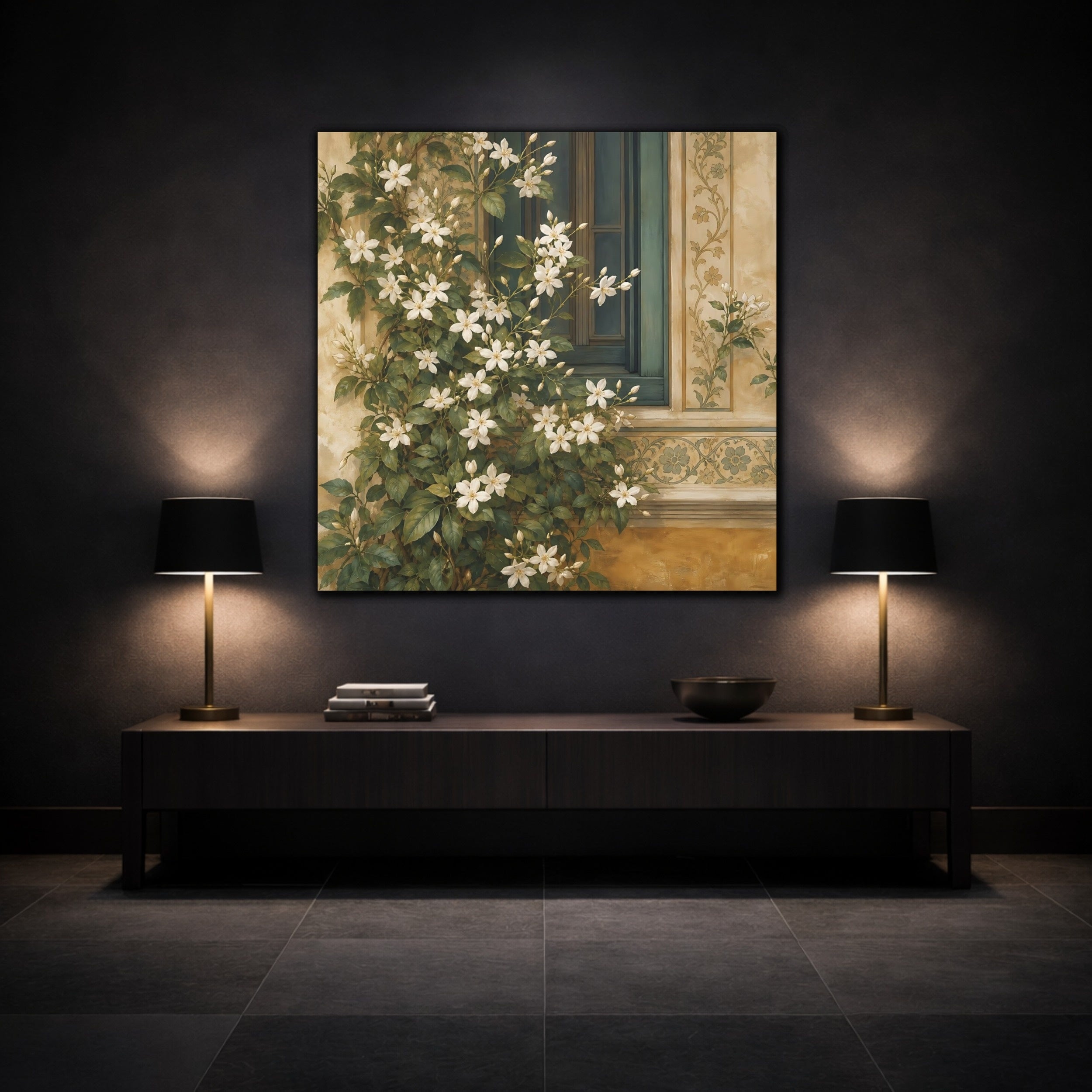 Mockup 3. Floral White Flowers White Floral Window shown as stretched canvas wall art