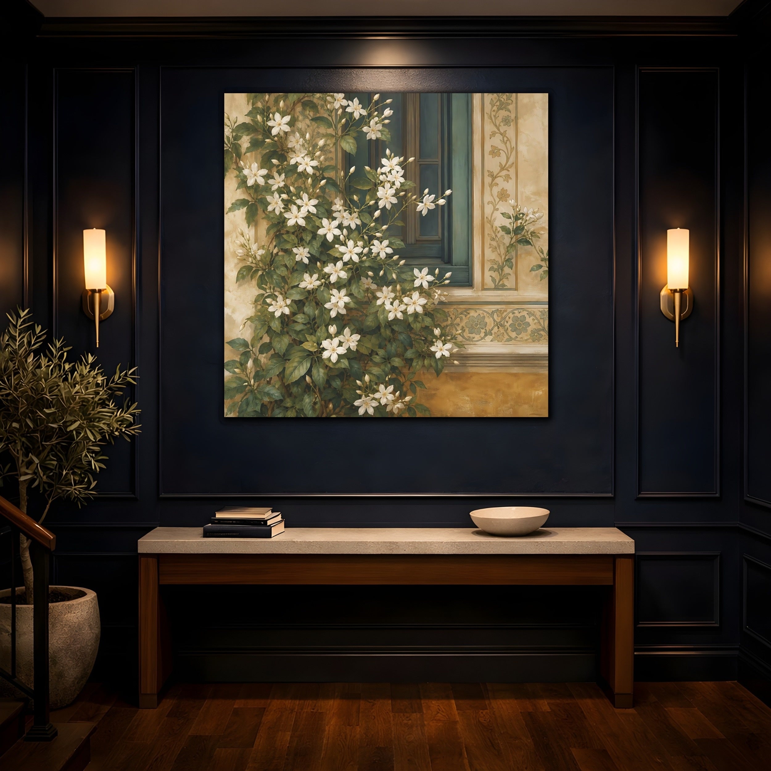 Mockup 4. Floral White Flowers White Floral Window shown as stretched canvas wall art