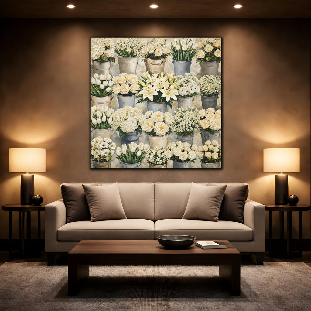 Mockup 2. Floral White Flowers White Flowers shown as stretched canvas wall art