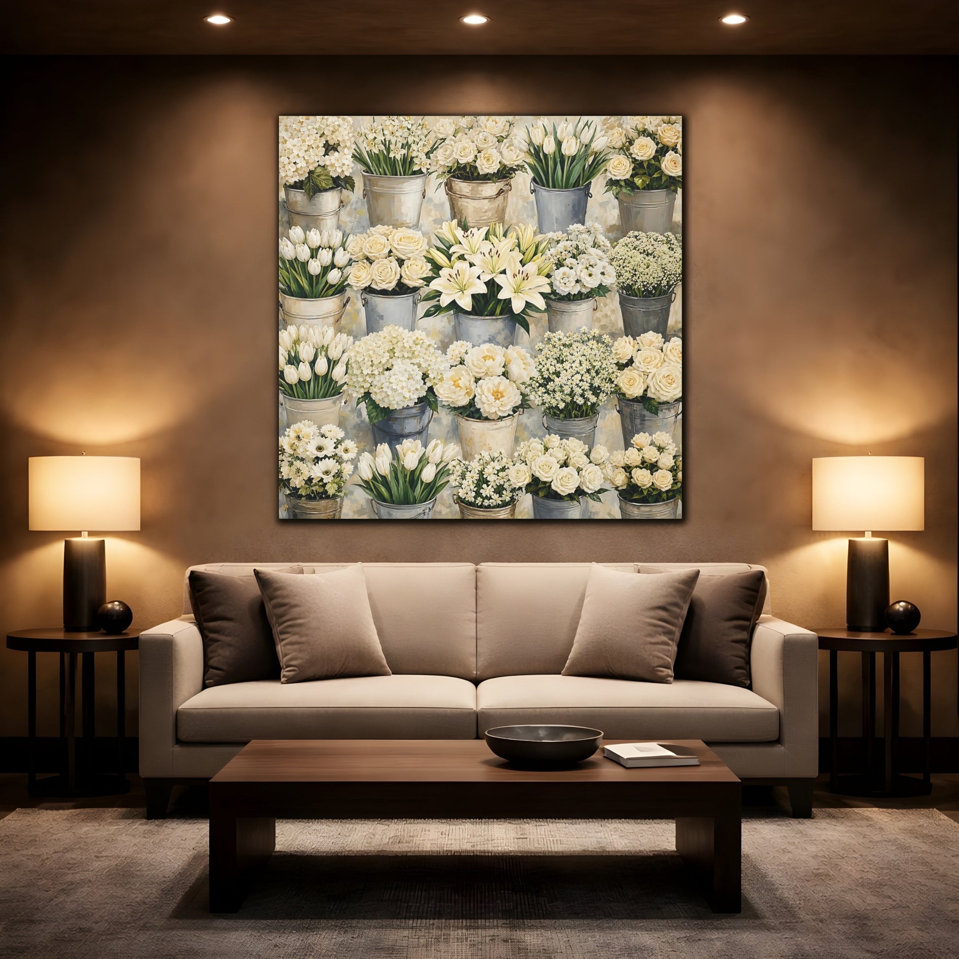 Mockup 2. Floral White Flowers White Flowers shown as stretched canvas wall art