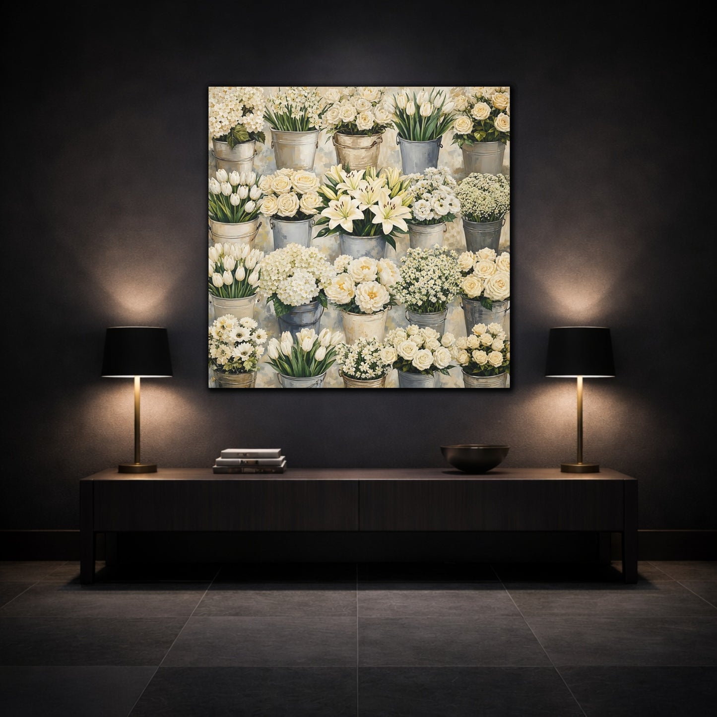 Mockup 3. Floral White Flowers White Flowers shown as stretched canvas wall art