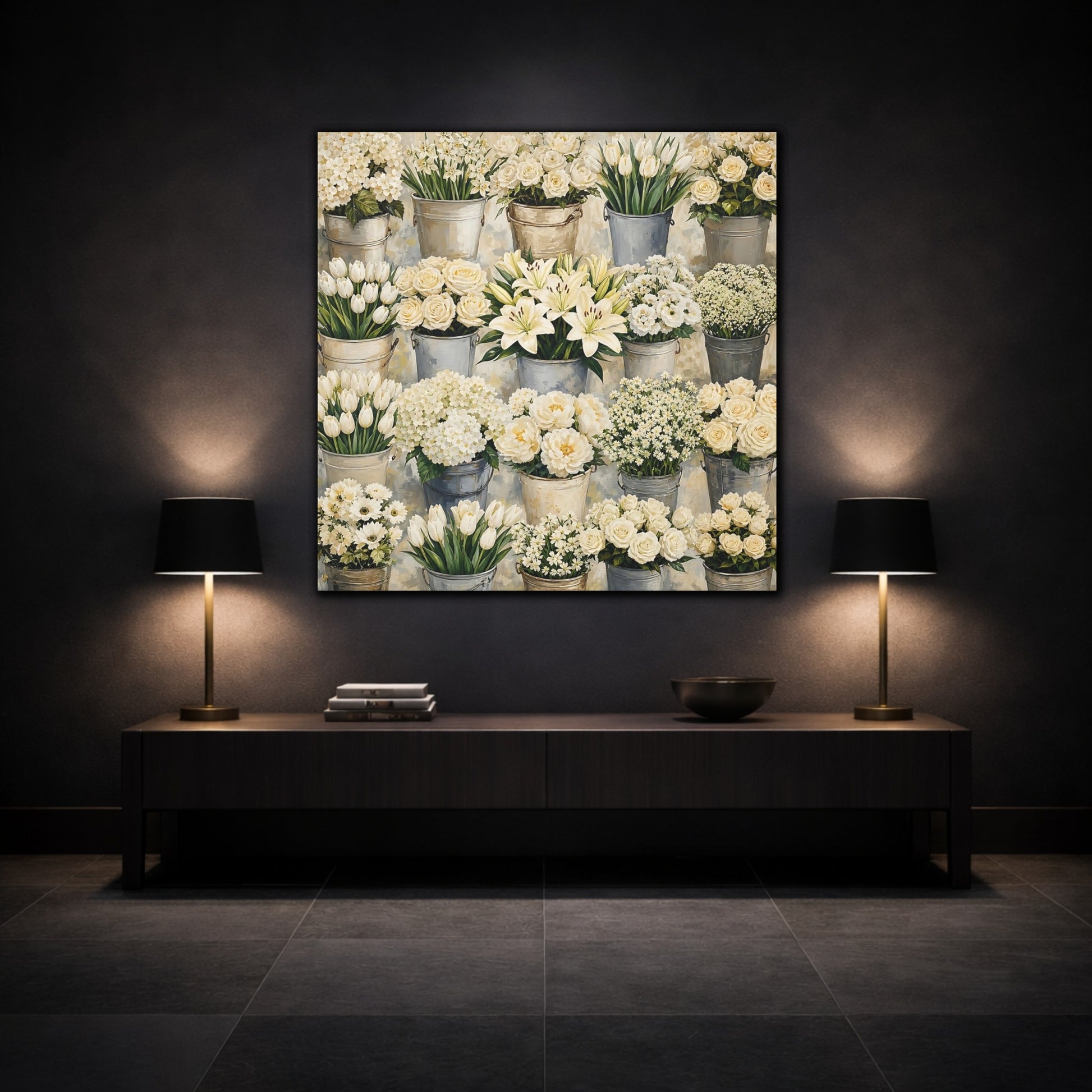 Mockup 3. Floral White Flowers White Flowers shown as stretched canvas wall art