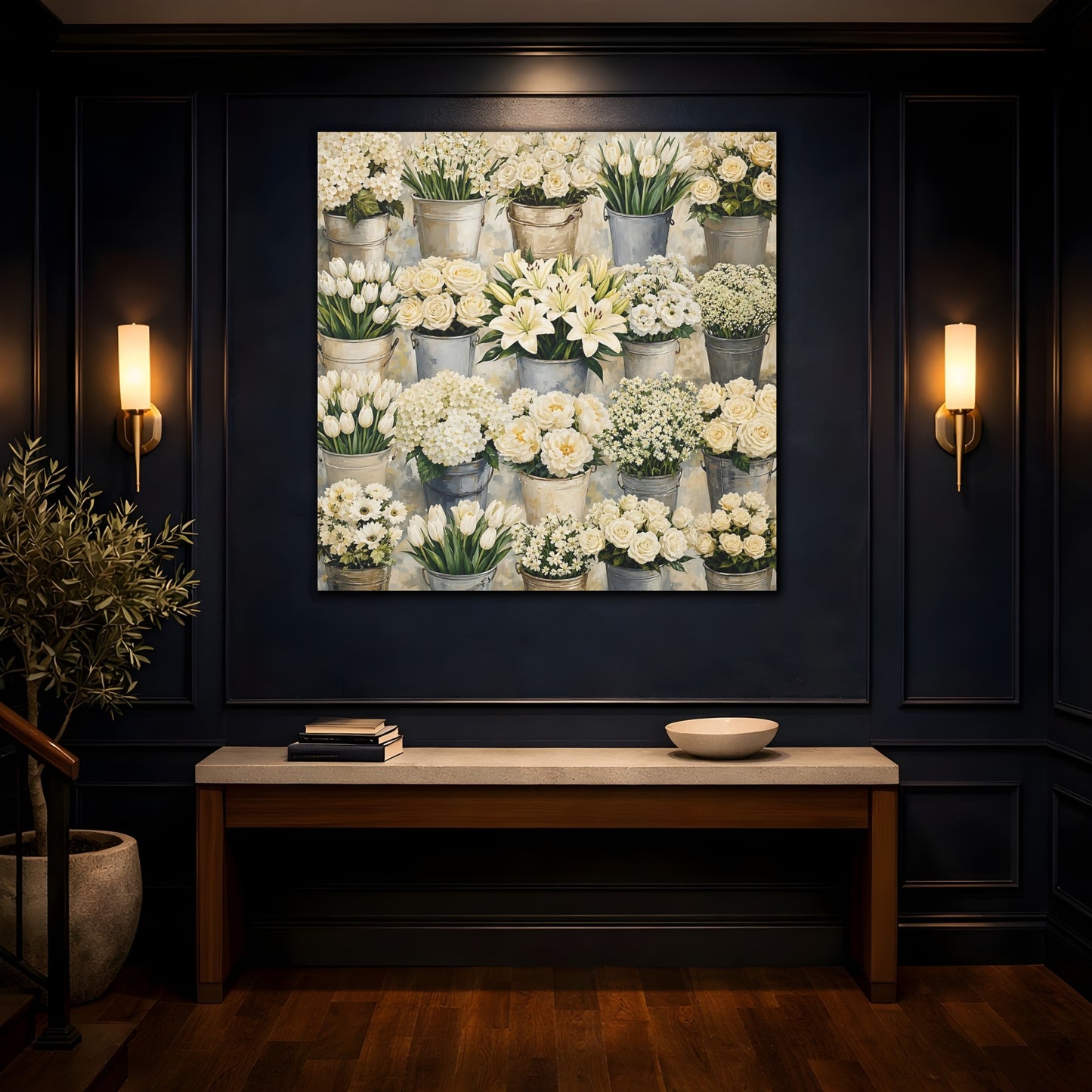 Mockup 4. Floral White Flowers White Flowers shown as stretched canvas wall art