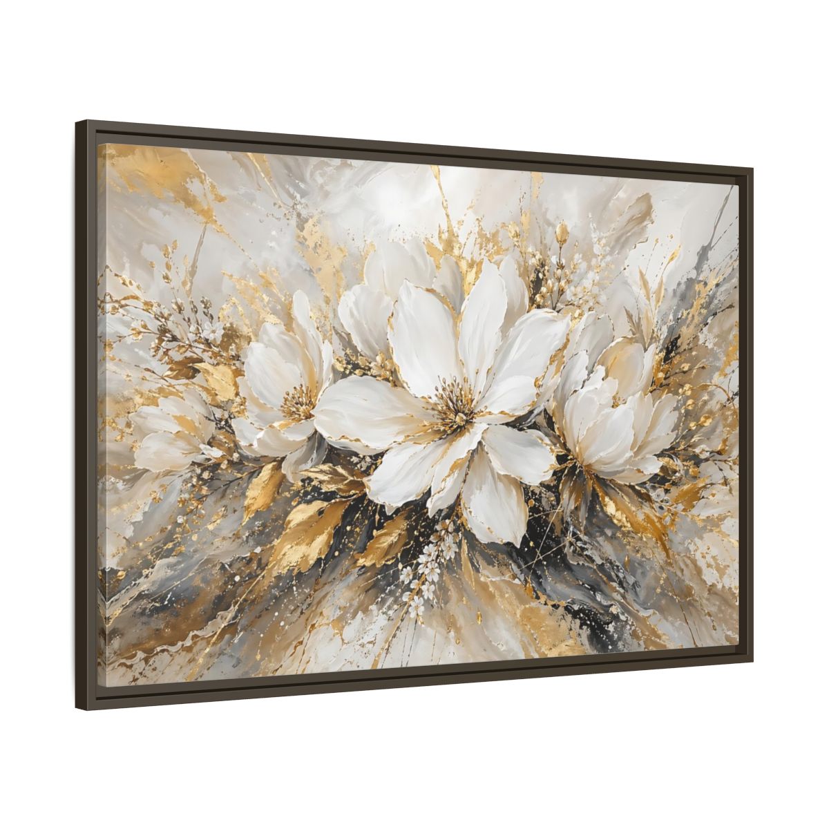 Main Mockup. Floral White Flowers White Gold Abstract shown as stretched canvas wall art