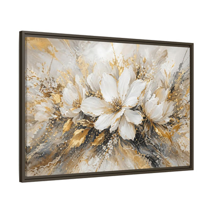 Main Mockup. Floral White Flowers White Gold Abstract shown as stretched canvas wall art