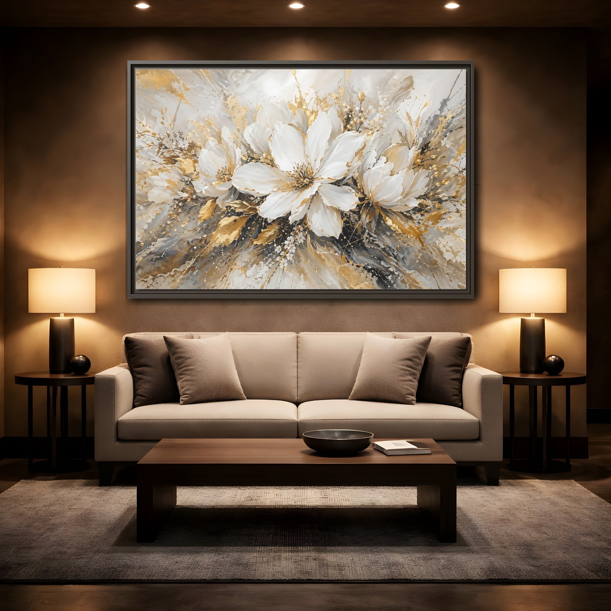 Mockup 2. Floral White Flowers White Gold Abstract shown as stretched canvas wall art