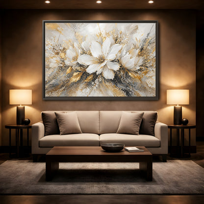 Mockup 2. Floral White Flowers White Gold Abstract shown as stretched canvas wall art