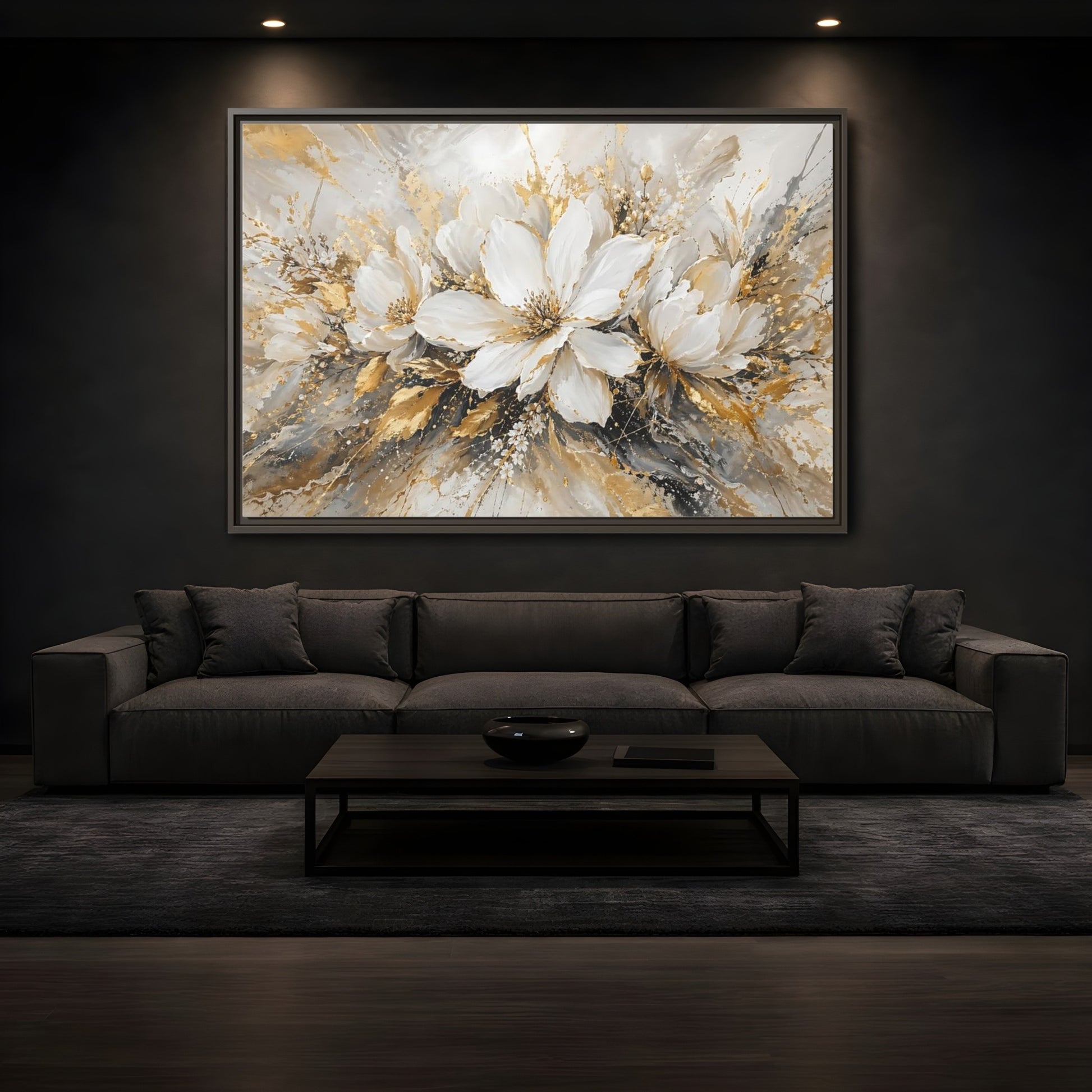 Mockup 3. Floral White Flowers White Gold Abstract shown as stretched canvas wall art