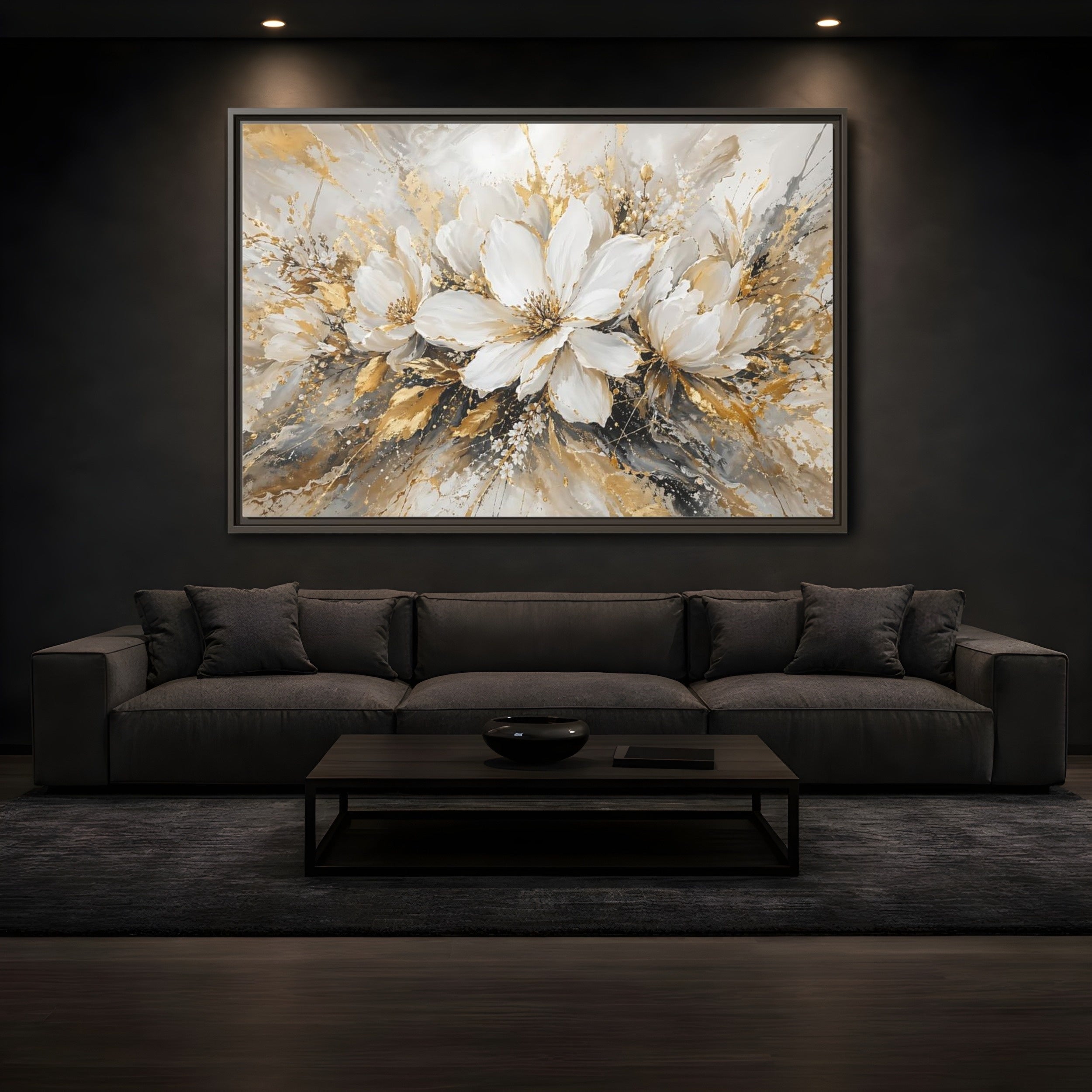 Mockup 3. Floral White Flowers White Gold Abstract shown as stretched canvas wall art