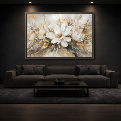 Mockup 3. Floral White Flowers White Gold Abstract shown as stretched canvas wall art
