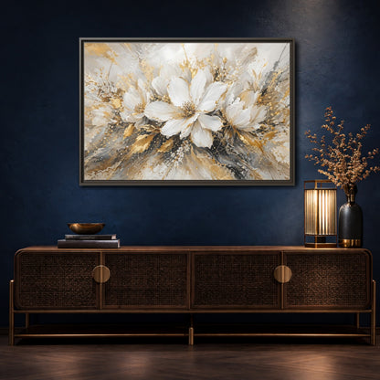 Mockup 4. Floral White Flowers White Gold Abstract shown as stretched canvas wall art