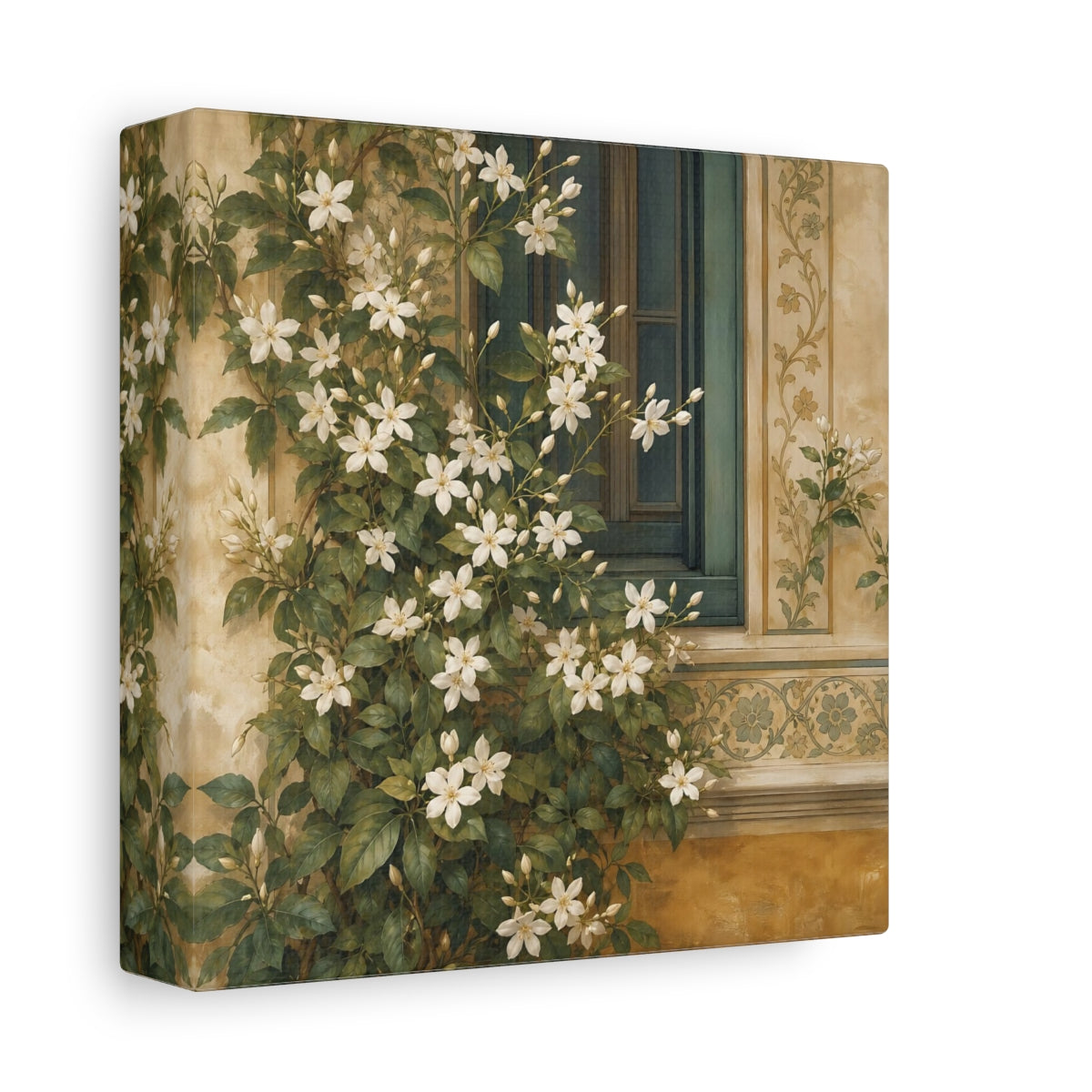Side Mockup 2. Floral White Flowers White Floral Window shown as stretched canvas wall art