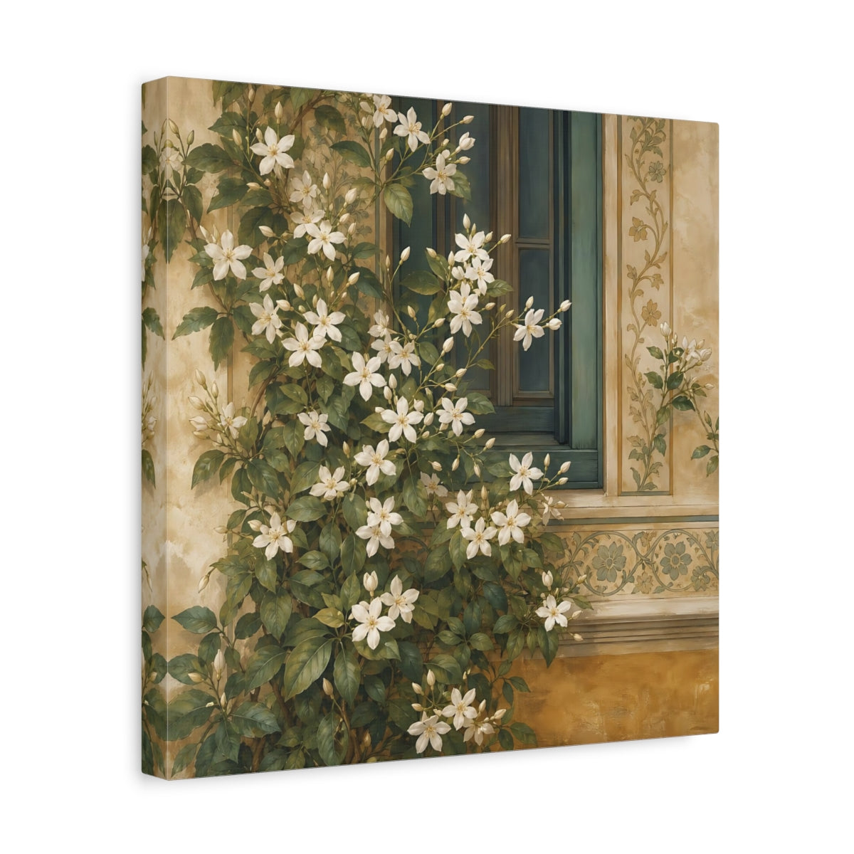 Side Mockup 7. Floral White Flowers White Floral Window shown as stretched canvas wall art
