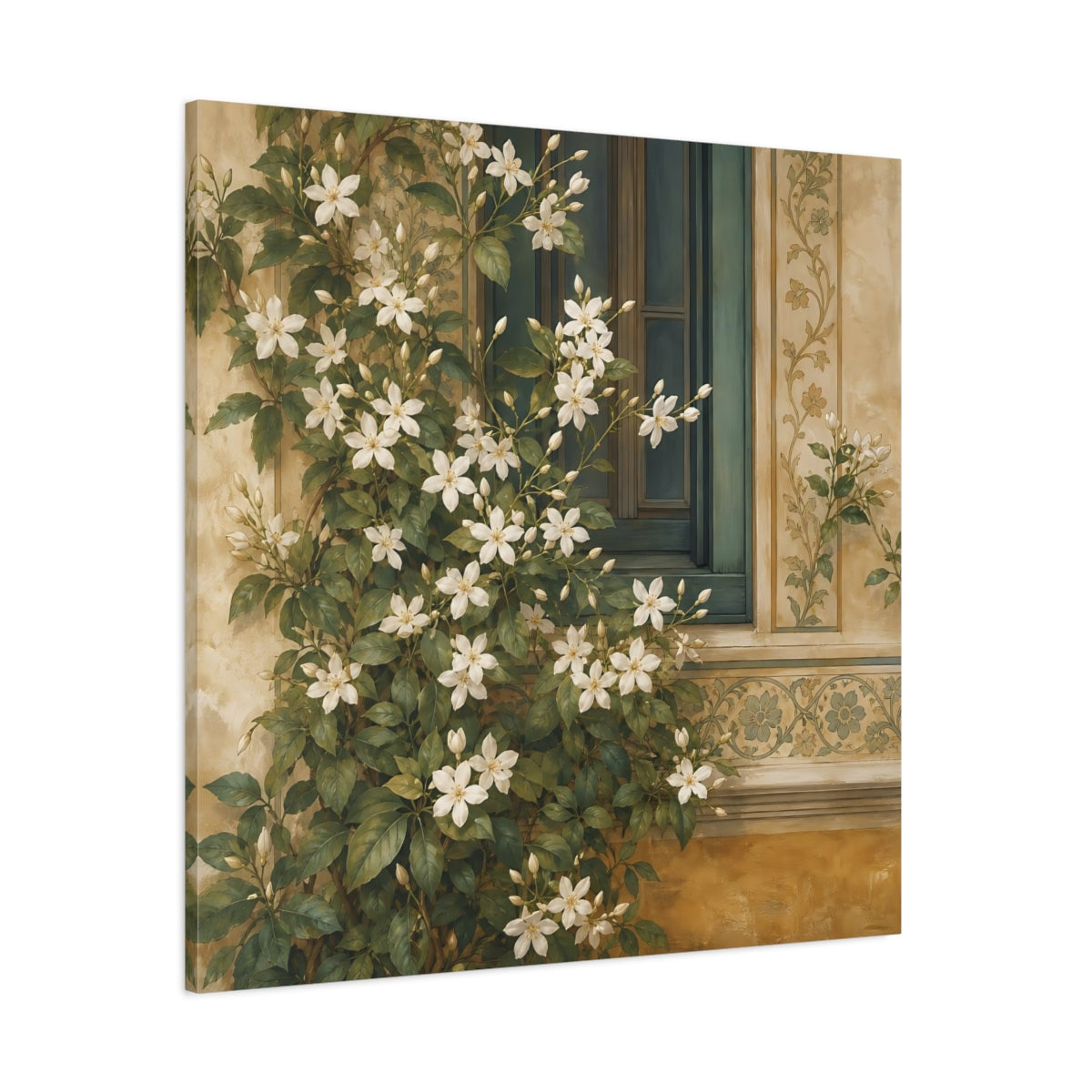 Side Mockup 1. Floral White Flowers White Floral Window shown as stretched canvas wall art