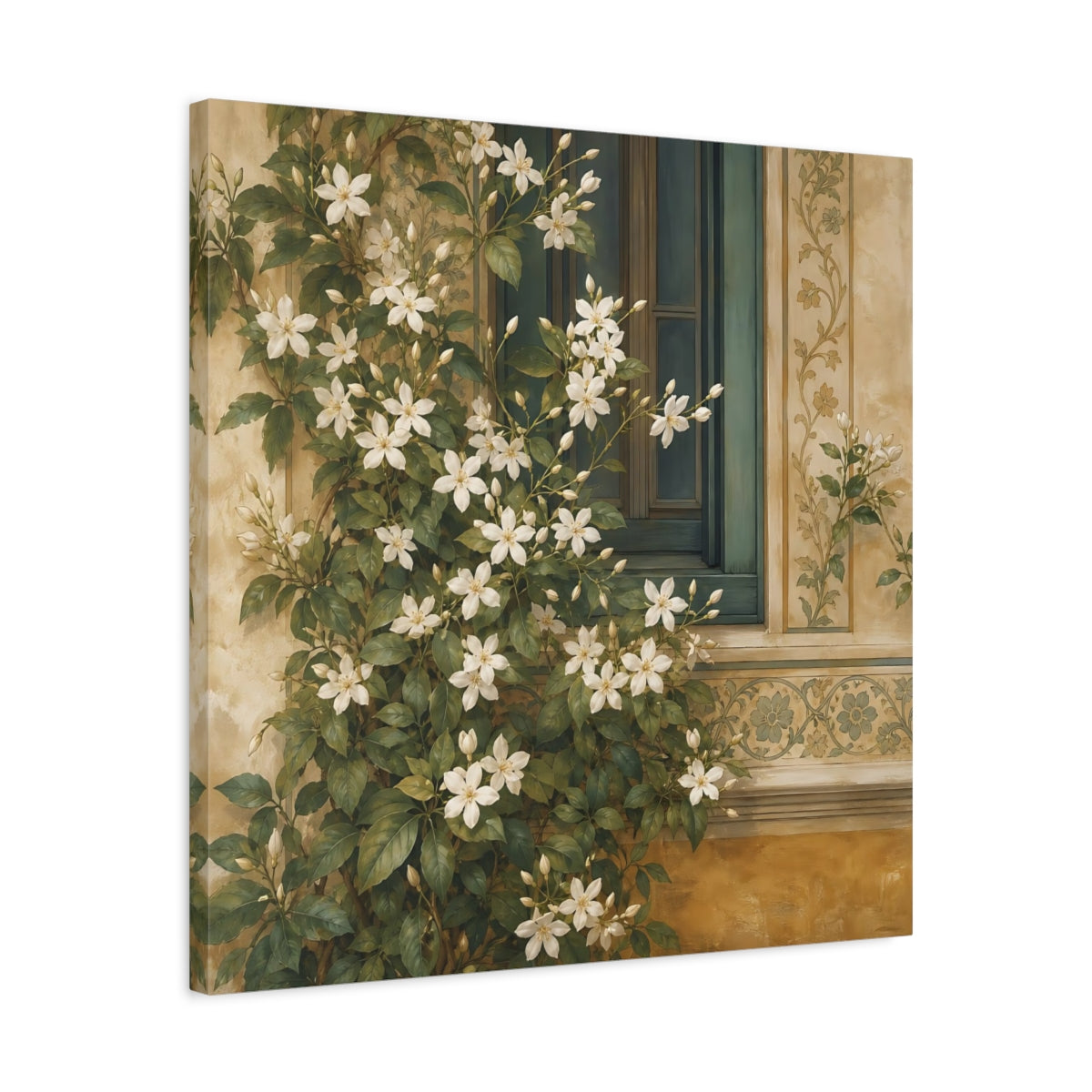 Side Mockup 4. Floral White Flowers White Floral Window shown as stretched canvas wall art