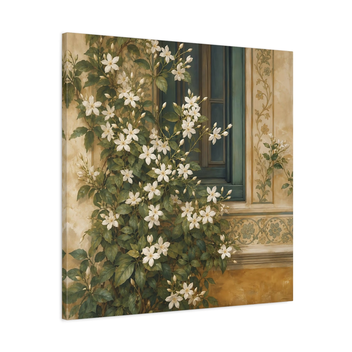 Side Mockup 3. Floral White Flowers White Floral Window shown as stretched canvas wall art
