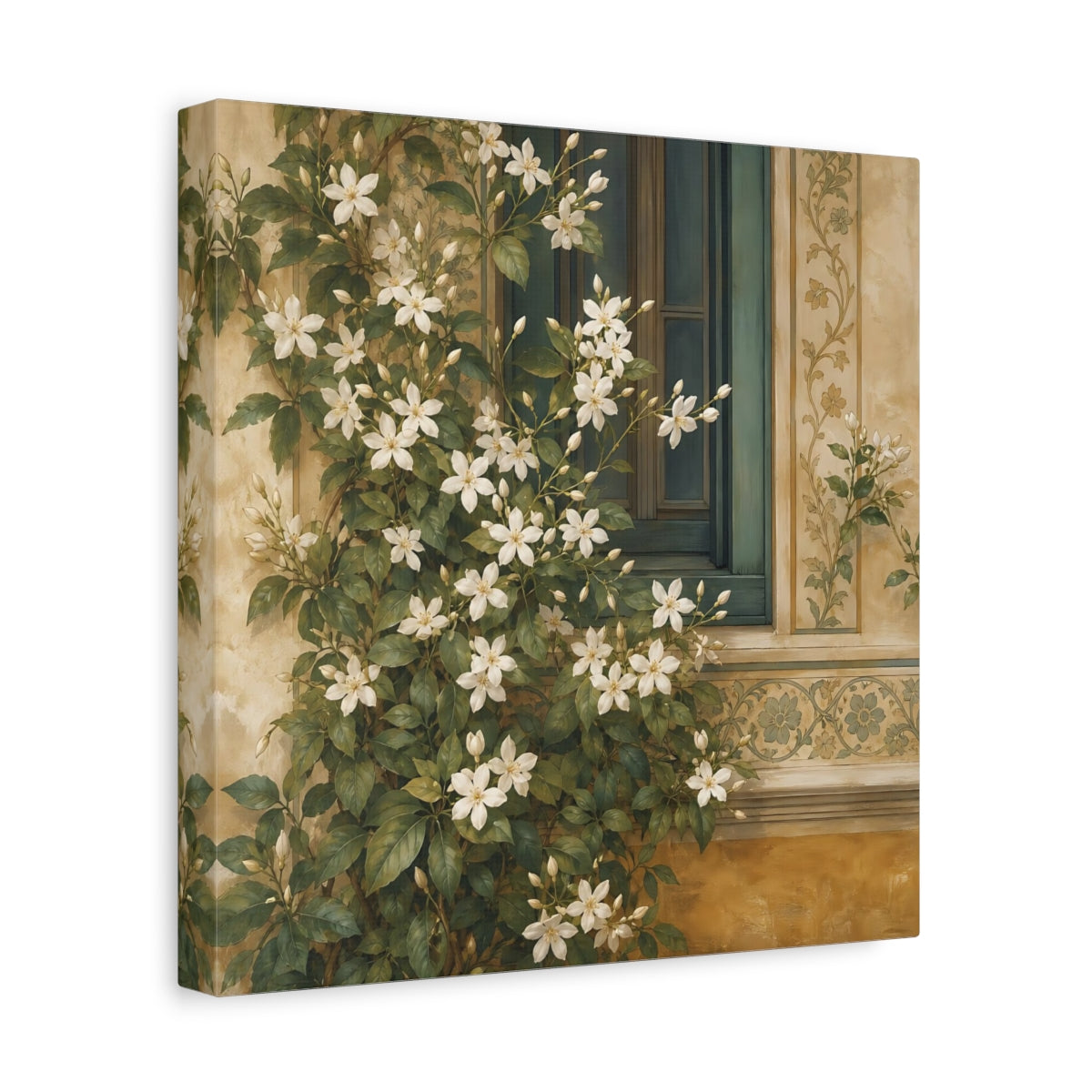 Side Mockup 8. Floral White Flowers White Floral Window shown as stretched canvas wall art