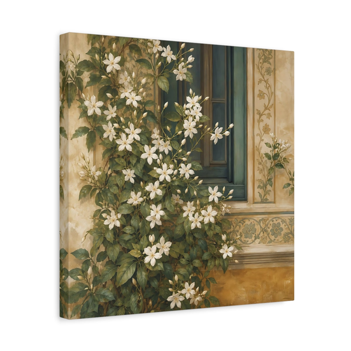 Side Mockup 6. Floral White Flowers White Floral Window shown as stretched canvas wall art