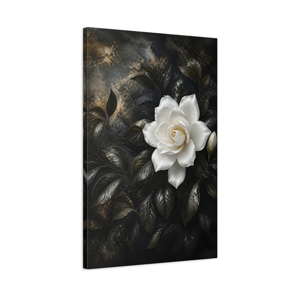 Side Mockup 2. Floral White Gardenia White Gardenia shown as stretched canvas wall art