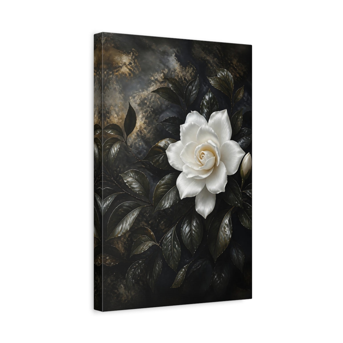Side Mockup 4. Floral White Gardenia White Gardenia shown as stretched canvas wall art